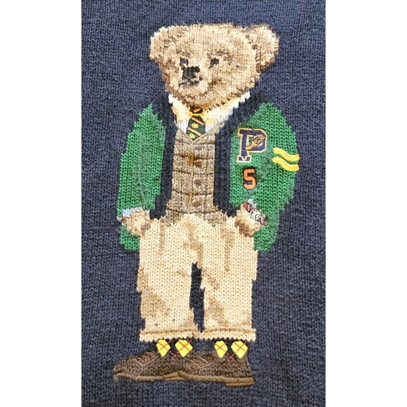 Polo Ralph Lauren Bear Sweater Knit Mens 3XL P Wing Navy Blue Preppy Varsity - Picture 2 of 6